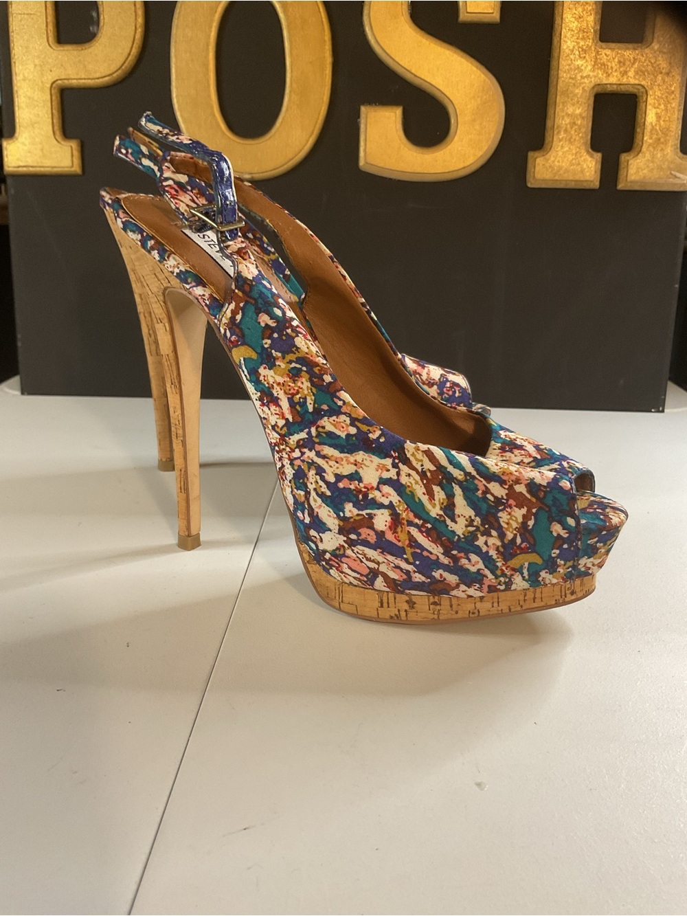 $15 FIRM Steve Madden Multicolor Abstract Cork Platform Slingback Heels